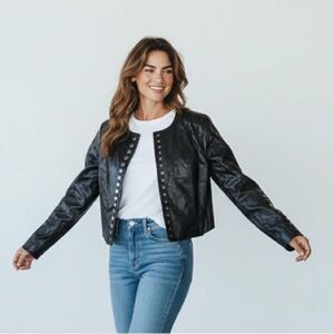 New Look Women's Black Leather Jacket with Stud Accents